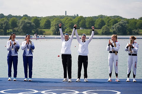 Women's double sculls final: Romania's Simona Radis and Ancuta Bodnar (Silver), New Zealand's Brooke Francis and Lucy Spoors (Gold), and Britain's Mathilda Hodgkins Byrne and Rebecca Wilde (Bronze)
